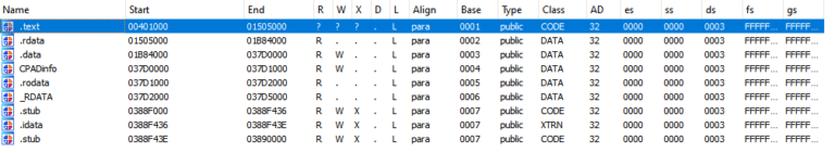 Sections of game executable